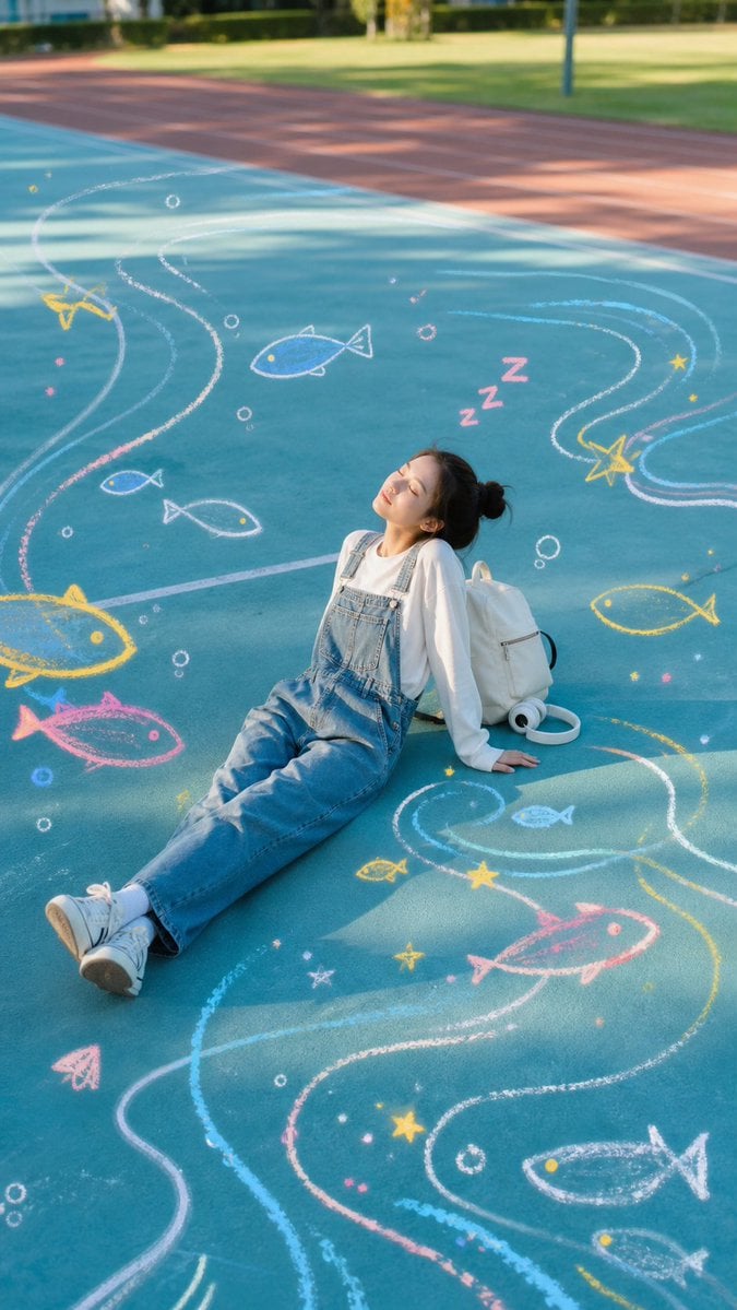 Sleeping Girl on Chalk Doodle Court