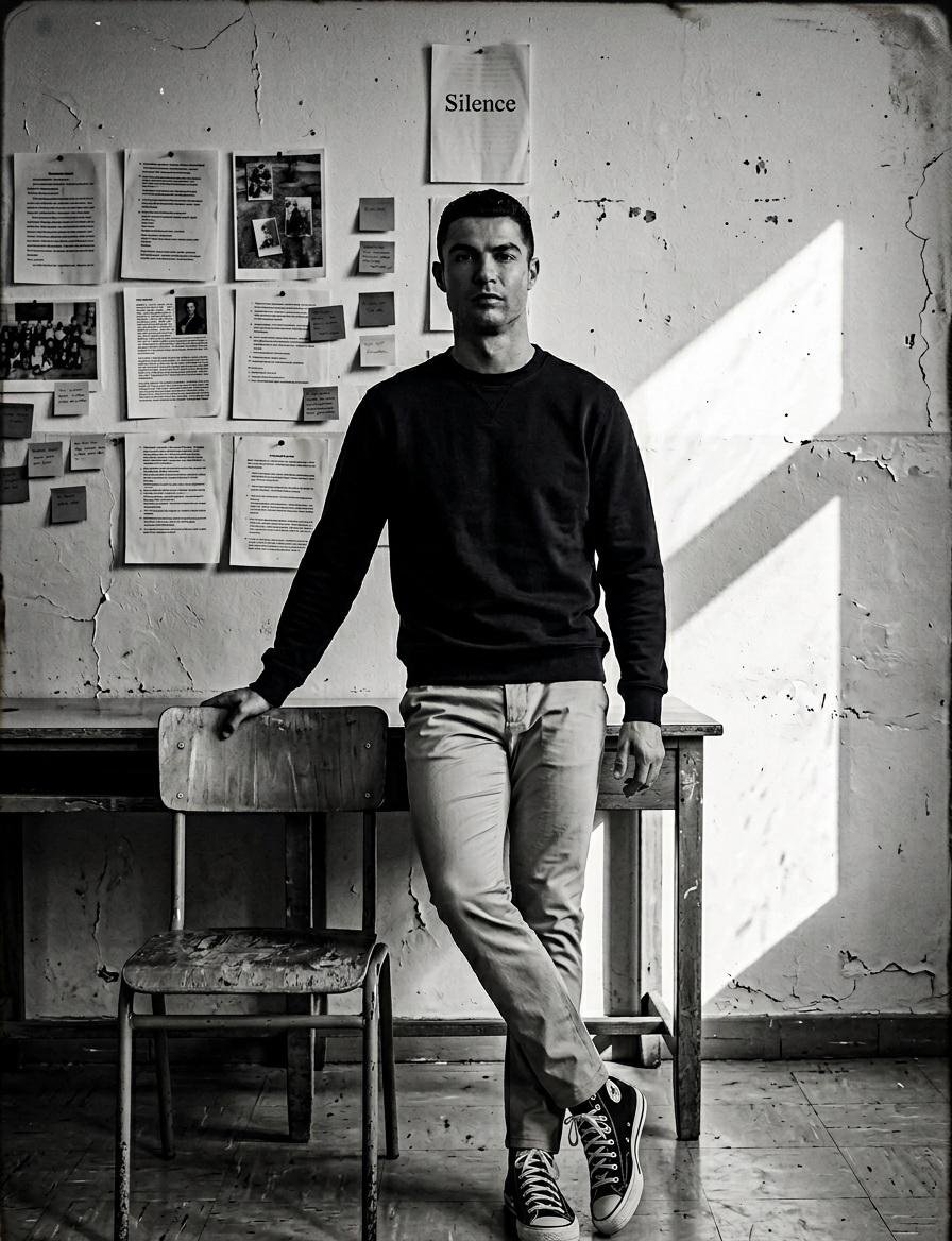 High-contrast black and white portrait in a quiet classroom Use uploaded — AI image template example