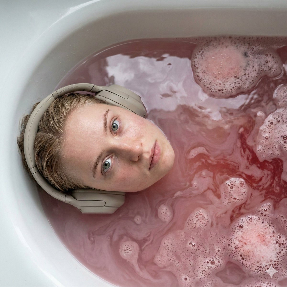 Ultra-Photorealistic Cinematic Portrait in a Bathtub with Noise-Canceling Headphones