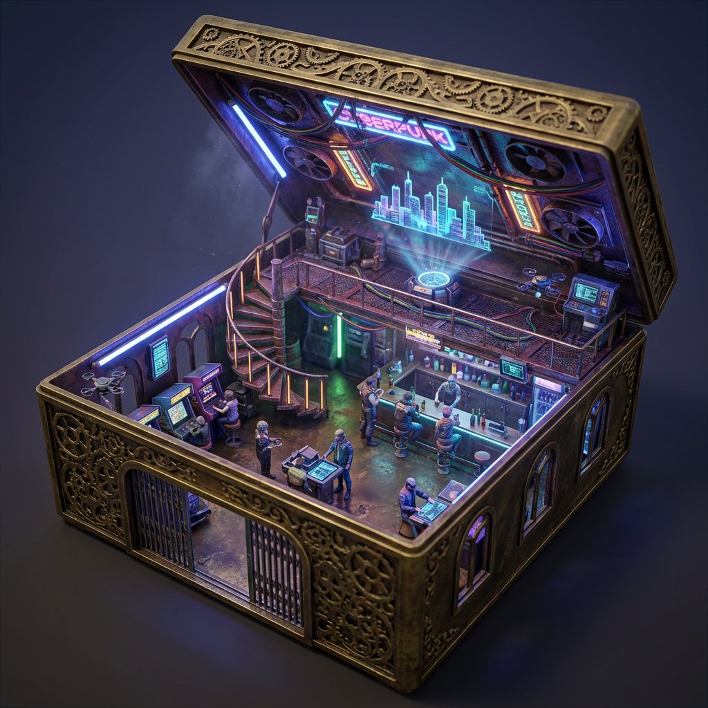 Ornate Box Diorama Prompt (Cyberpunk Pub)