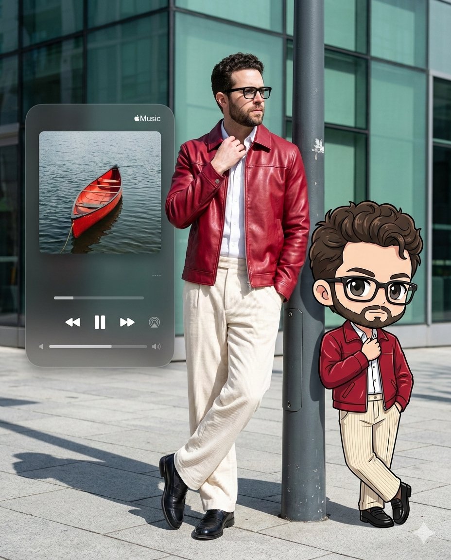 Photorealistic Self-Portrait with Chibi and UI Overlay Prompt