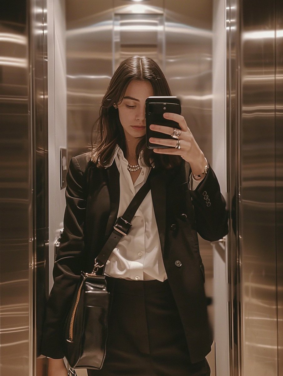 iPhone Mirror Selfie with Old Money Corporate Elegance Vibe