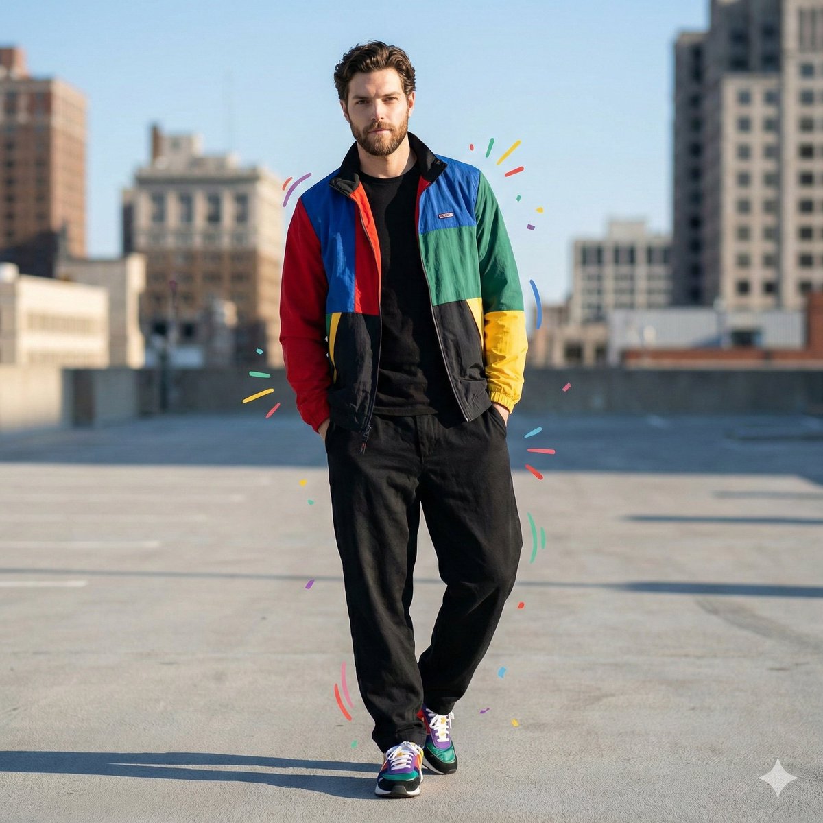 Color-Blocked Fashion Portrait with Graphic Accents