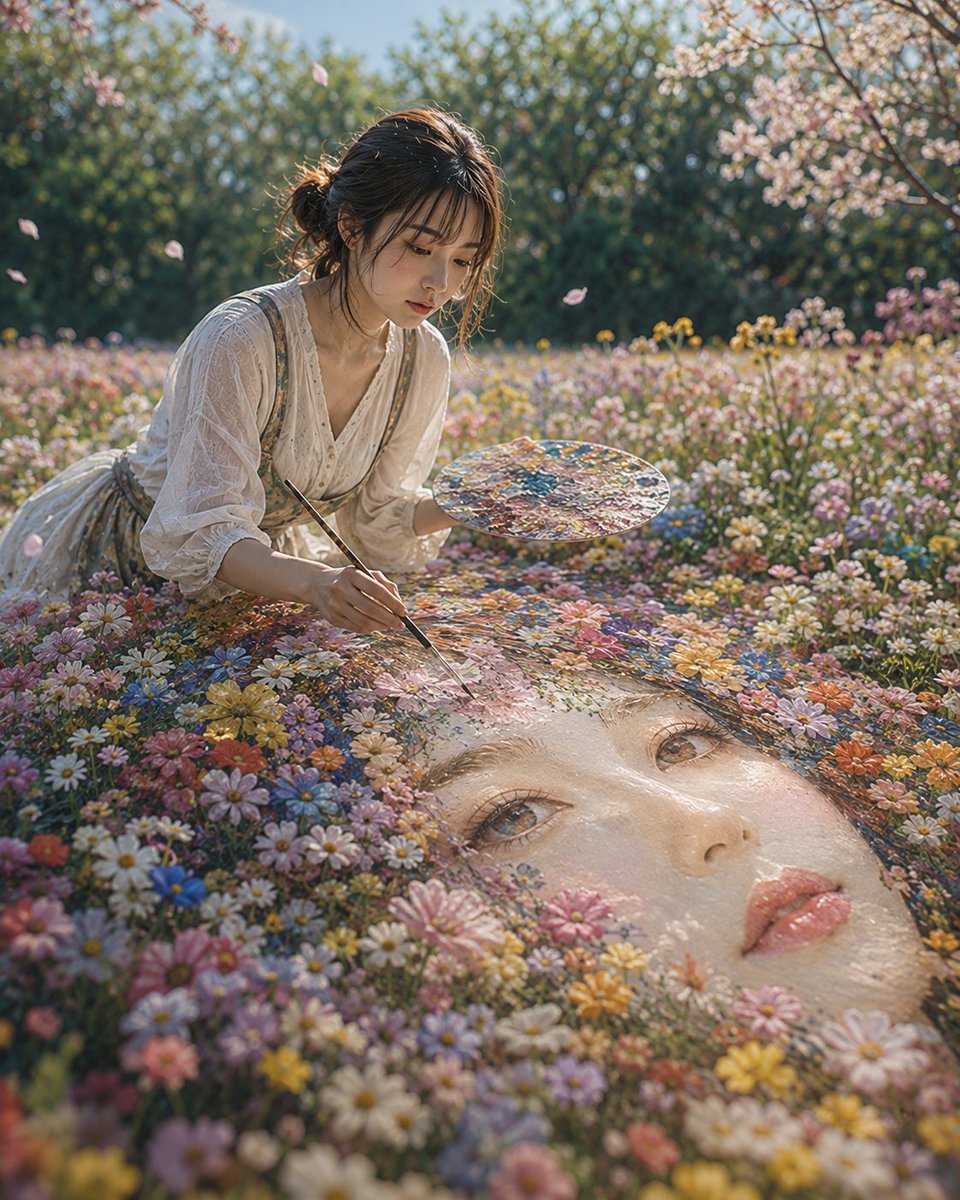 Woman Painting a Floral Portrait — AI image template example