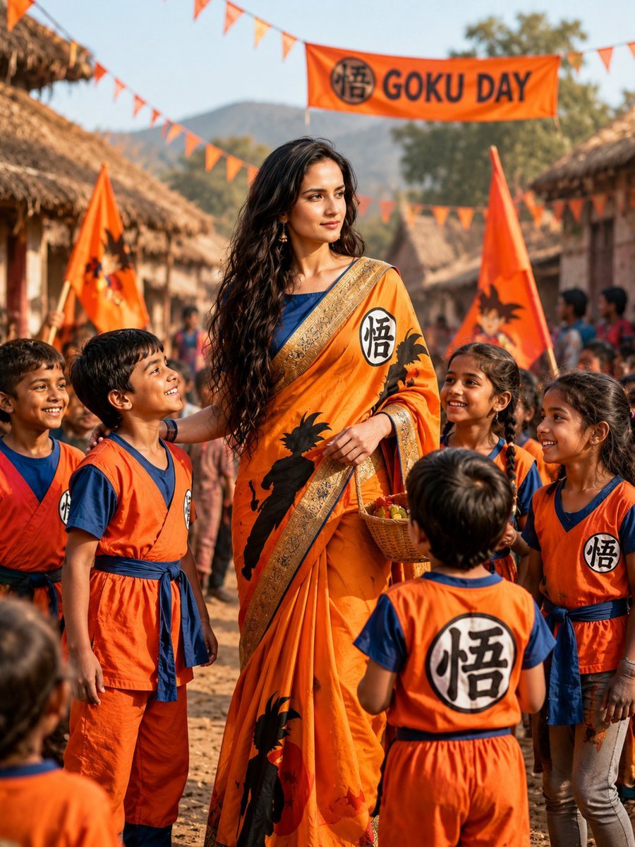 Goku-Inspired Saree Village Celebration — AI image template example