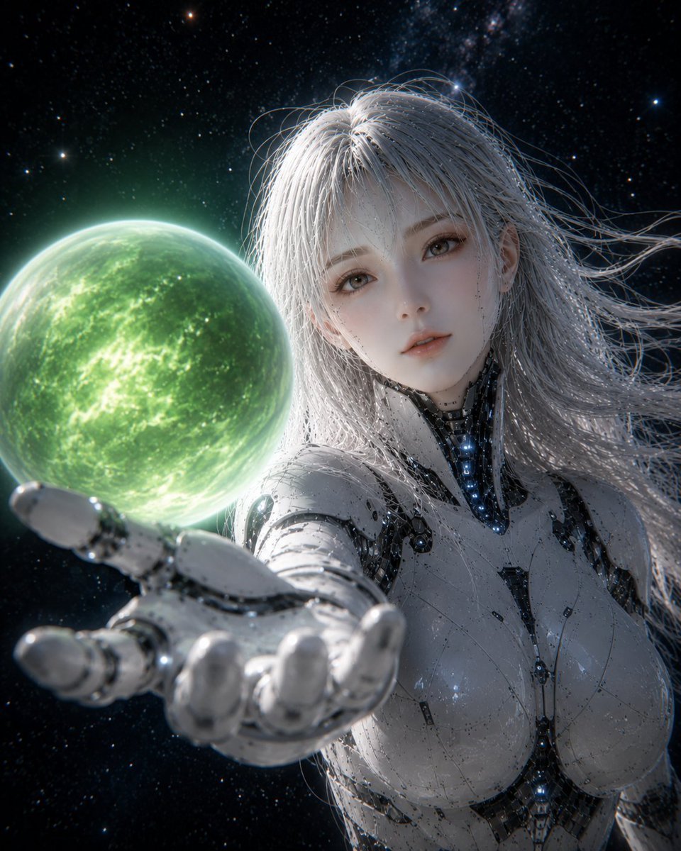 Female Android Holding Green Planet — AI image template example