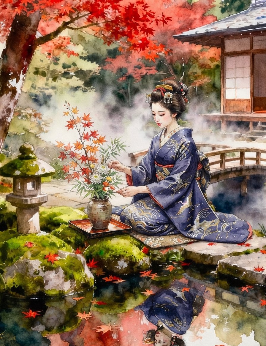 Japanese Woman Autumn Garden Kimono — AI image template example