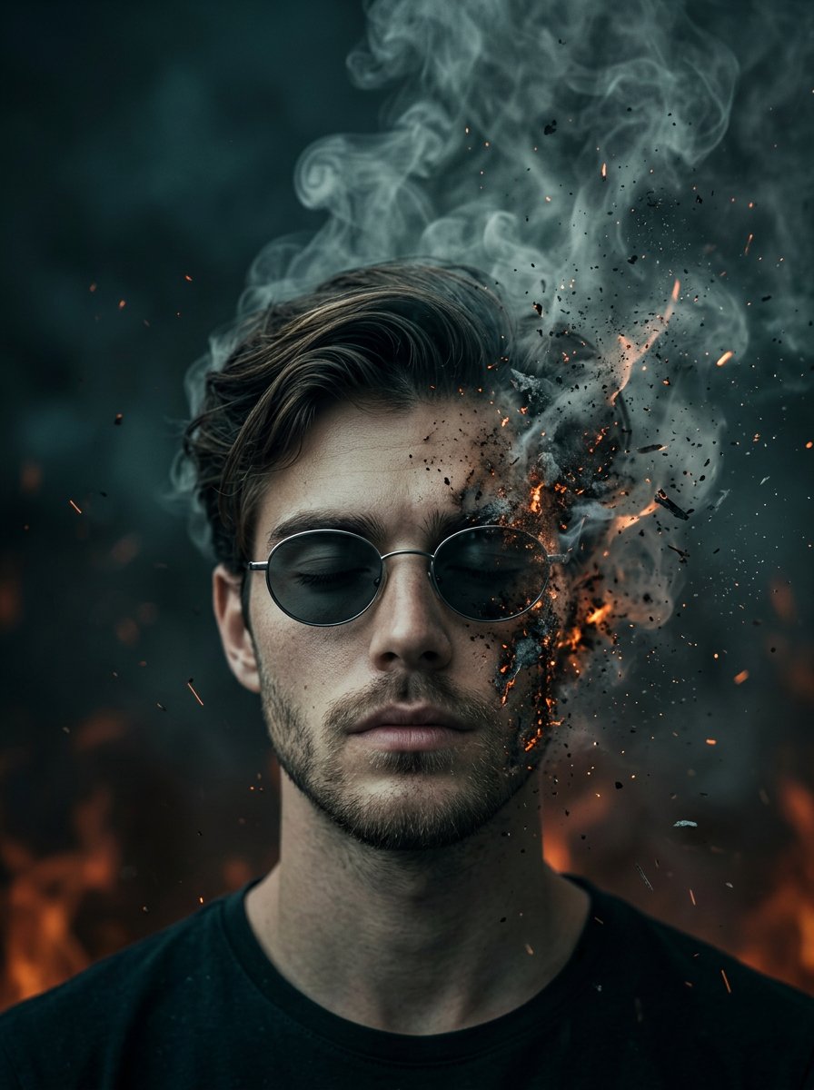 A surreal cinematic portrait of a young man with oval sunglasses, eyes
