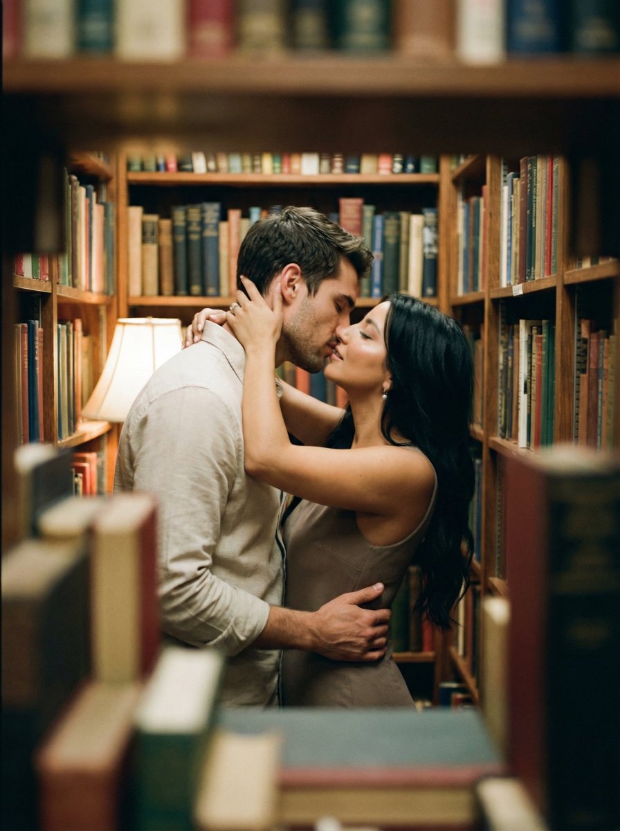 Analog Film Kiss in a Bookstore Aisle