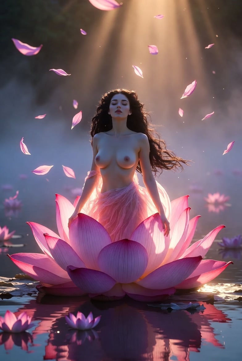 Grok Imagine Video Prompt: Goddess Rises from a Pink Lotus at Sunset