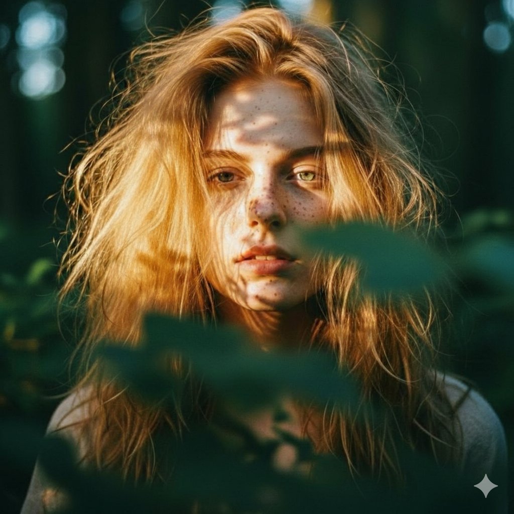 Close-up portrait of a young woman with messy, voluminous strawberry