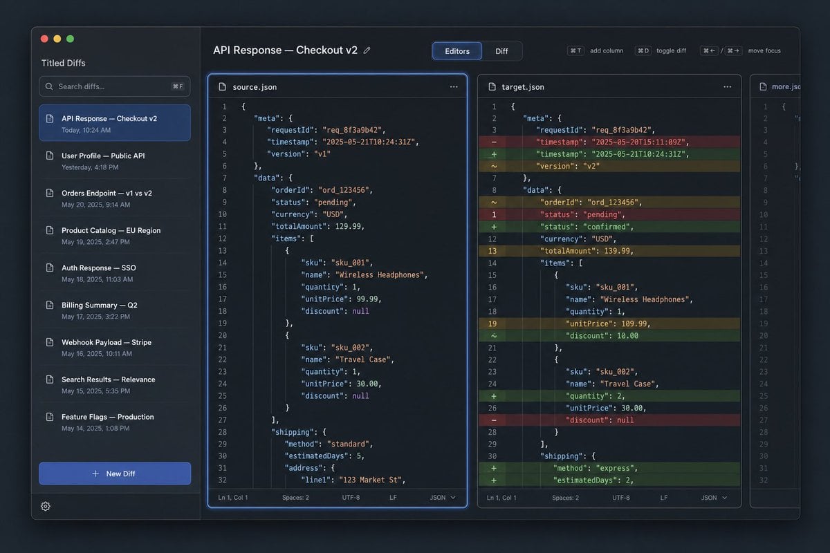 Dark JSON Diff Tool UI Mockup