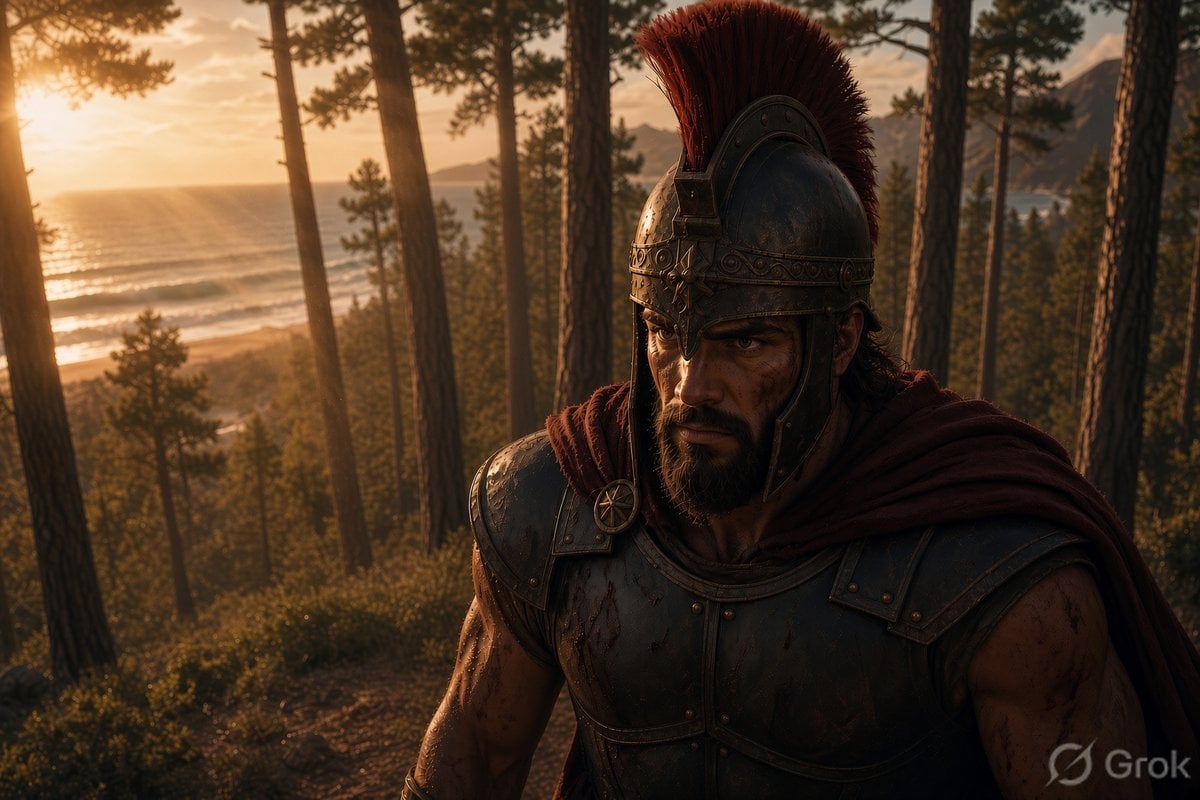 Spartan Warrior in Coastal Pine Forest — AI image template example