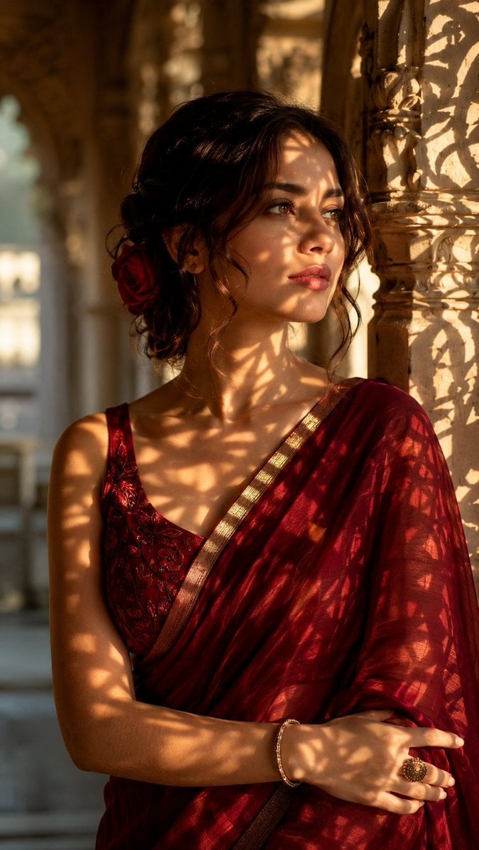 Crimson Silk Saree Palace Portrait — AI image template example