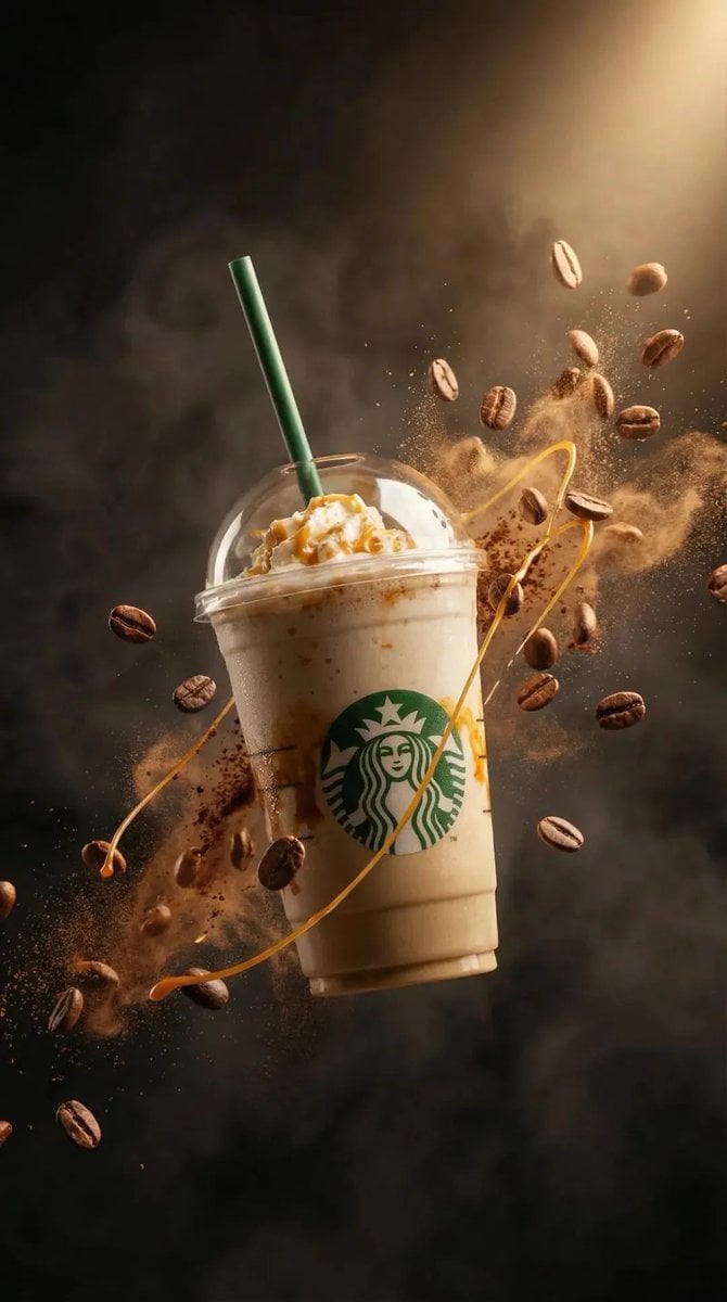Ultra-realistic commercial product photography of a caramel frappuccino