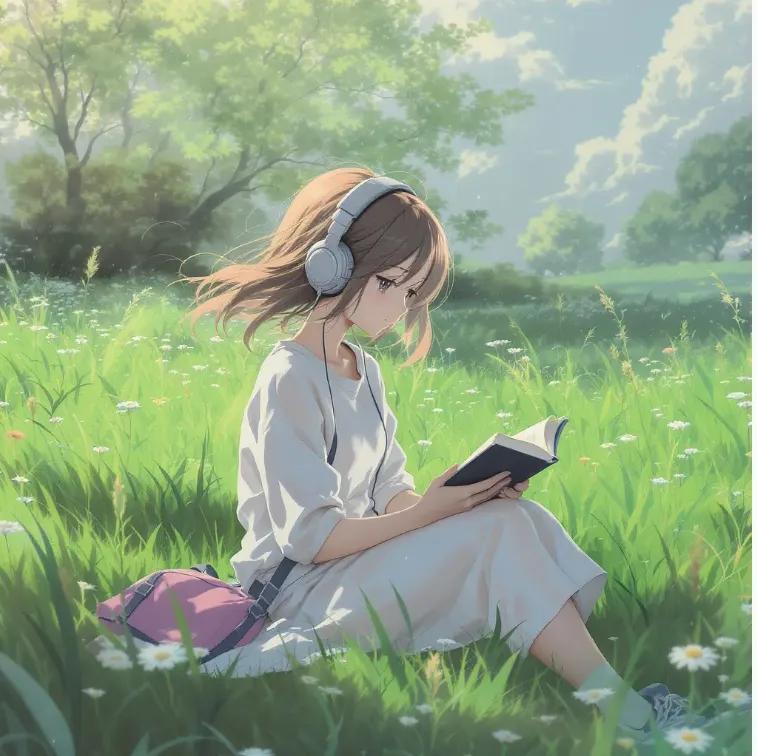 Anime Girl Meadow Reading