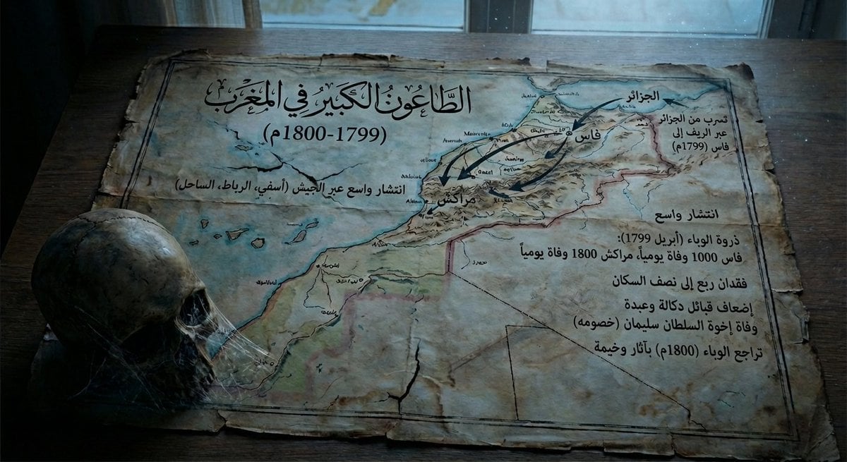 Map of Morocco in 1799–1800 with plague spread