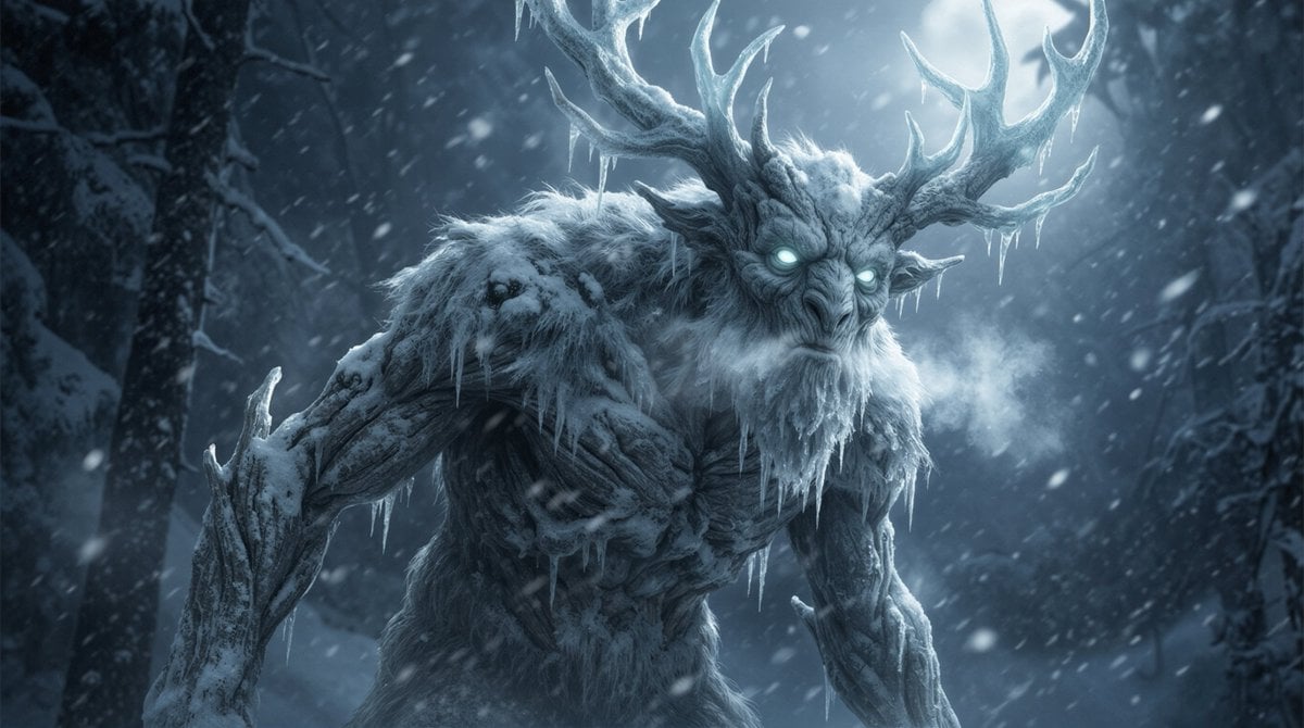 Dark Fantasy Winter Creature Emerging from a Blizzard