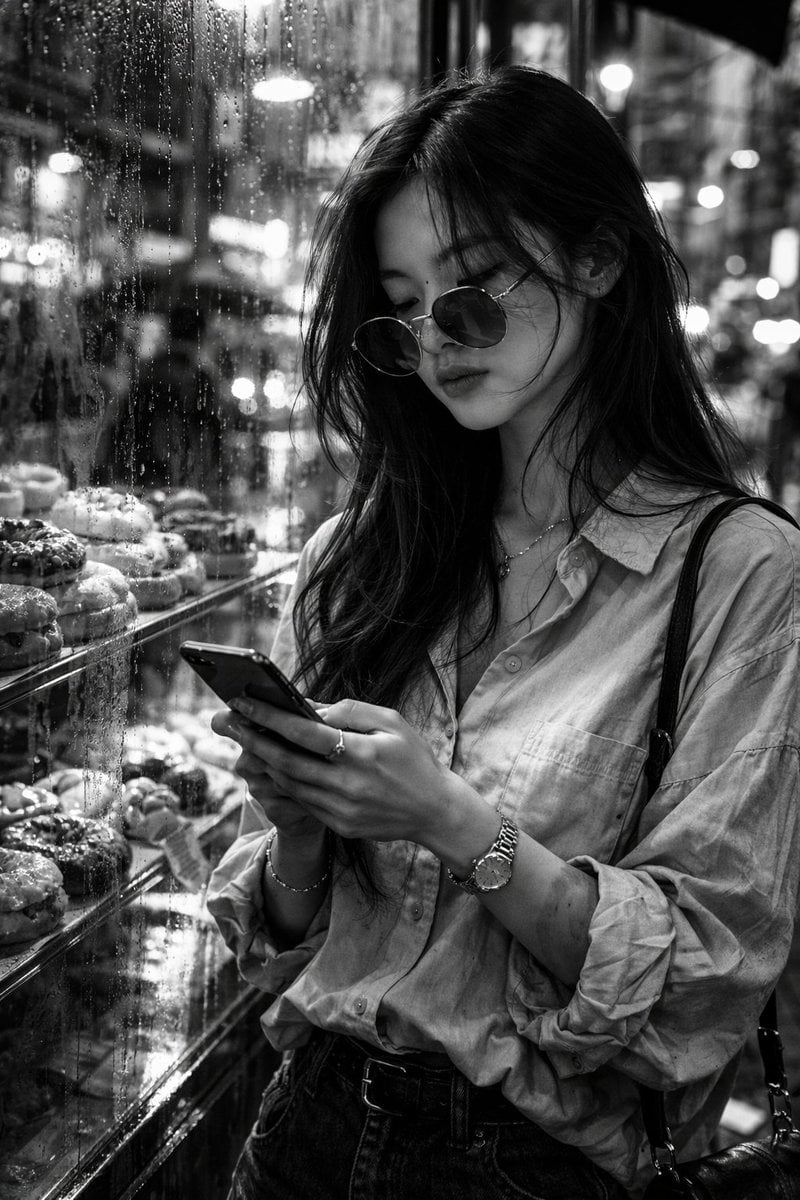 Black and White Street Fashion Snapshot — AI image template example