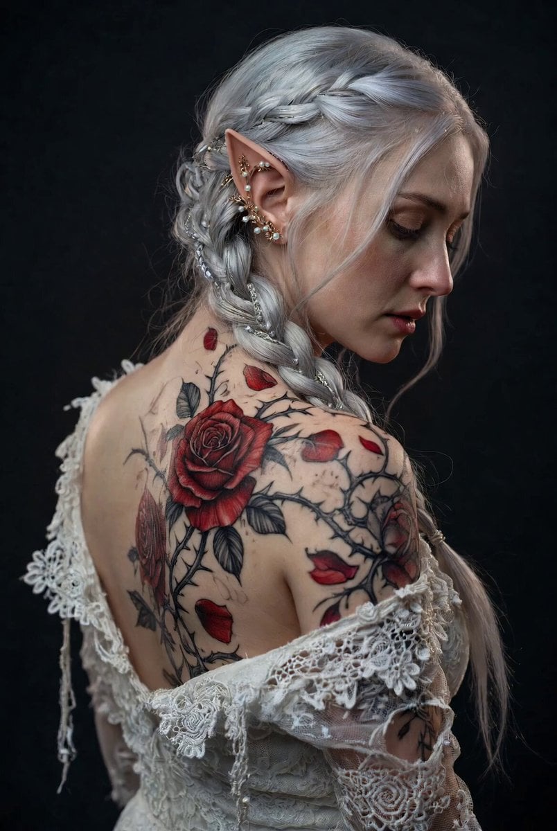 Ethereal Elf Woman with Rose Tattoo