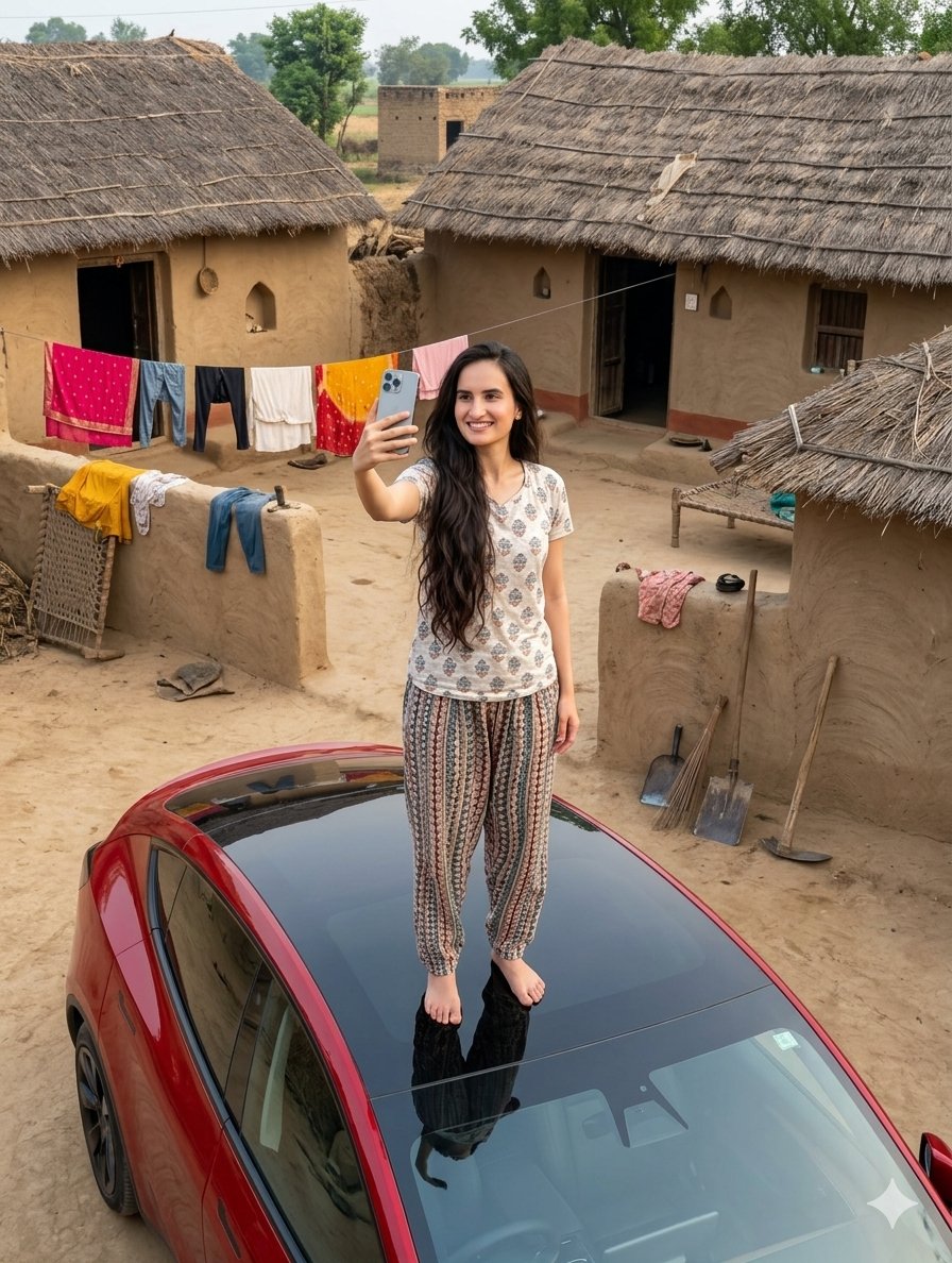 High-Tech Car in Rustic Village — AI image template example
