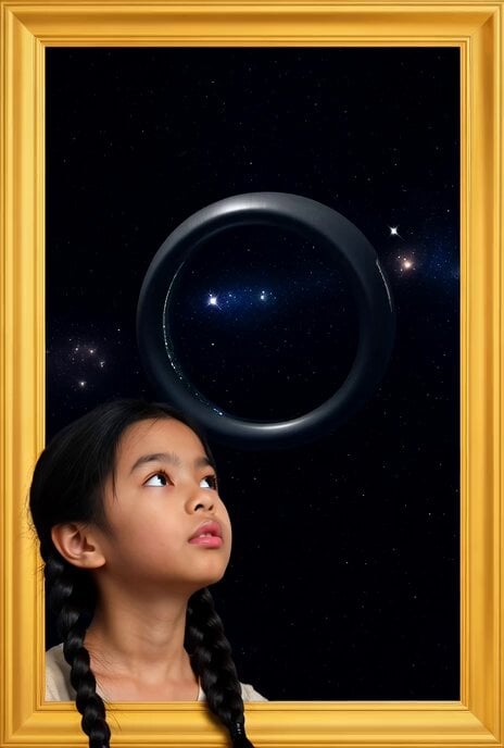 Golden Frame with Girl and Torus Space Settlement