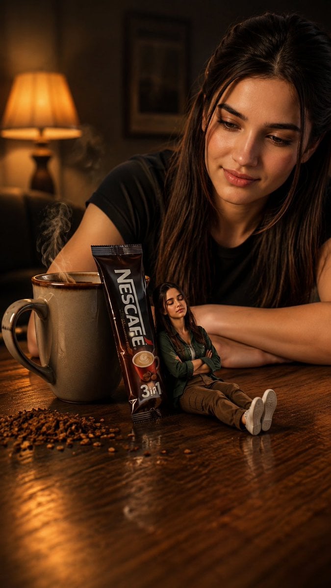 Miniature Woman Coffee Commercial — AI image template example