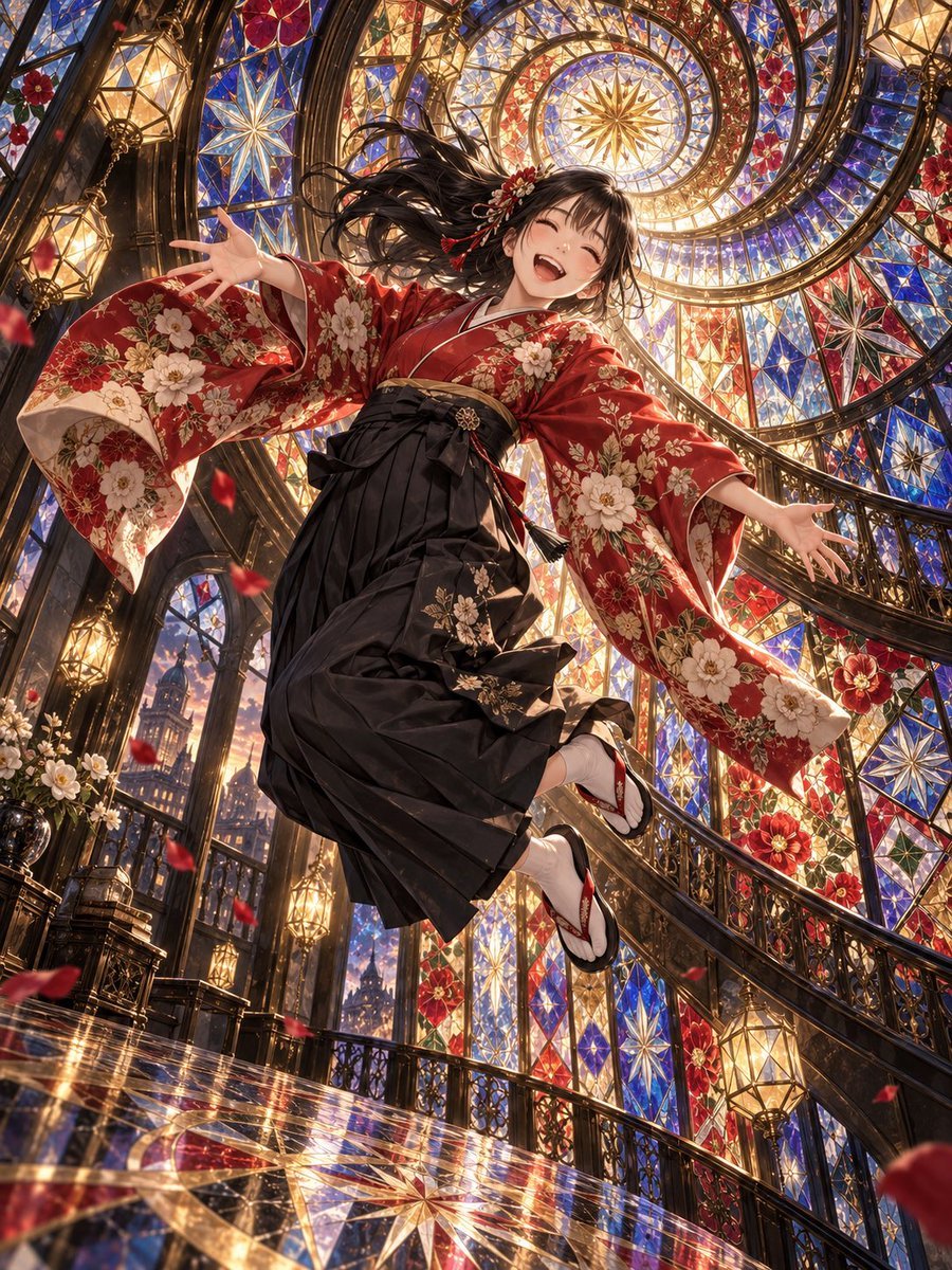 Floating Kimono Girl in Stained Glass Hall