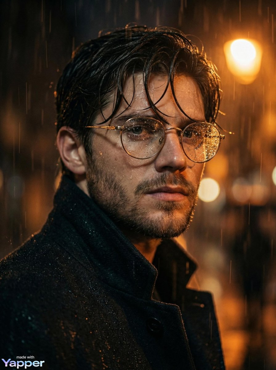 Cinematic close-up portrait of a young man standing in heavy rain