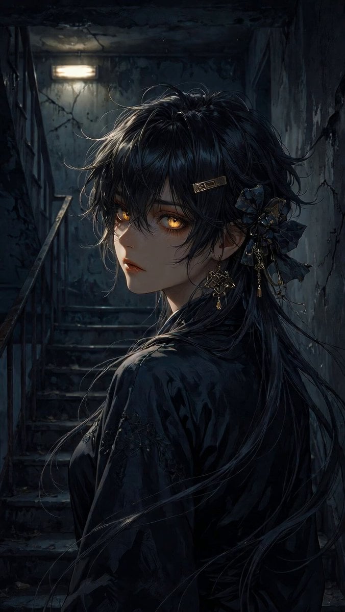 Anime Woman on Dark Stairwell