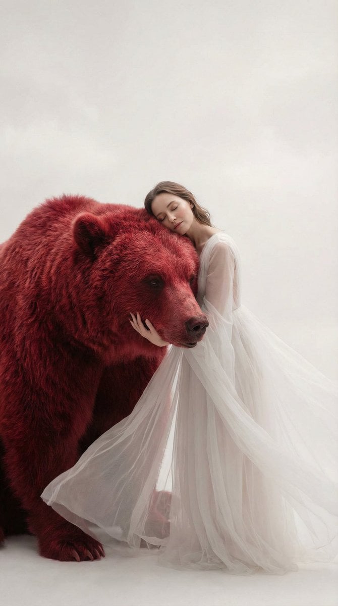 Surreal Scene of Human Embracing Massive Red Bear Prompt