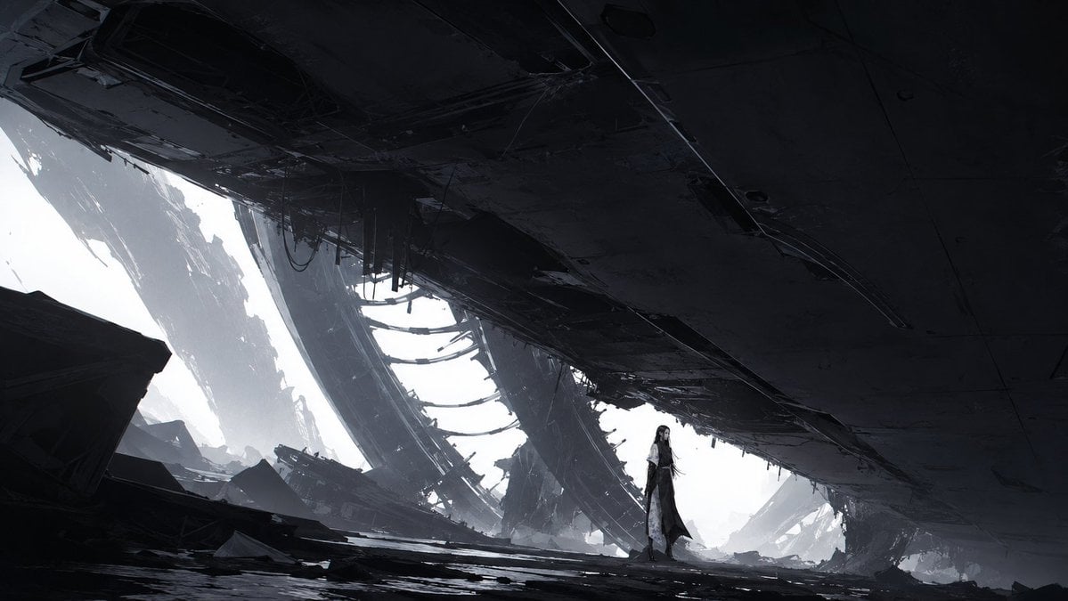 Lone Woman in Ruined Megastructure