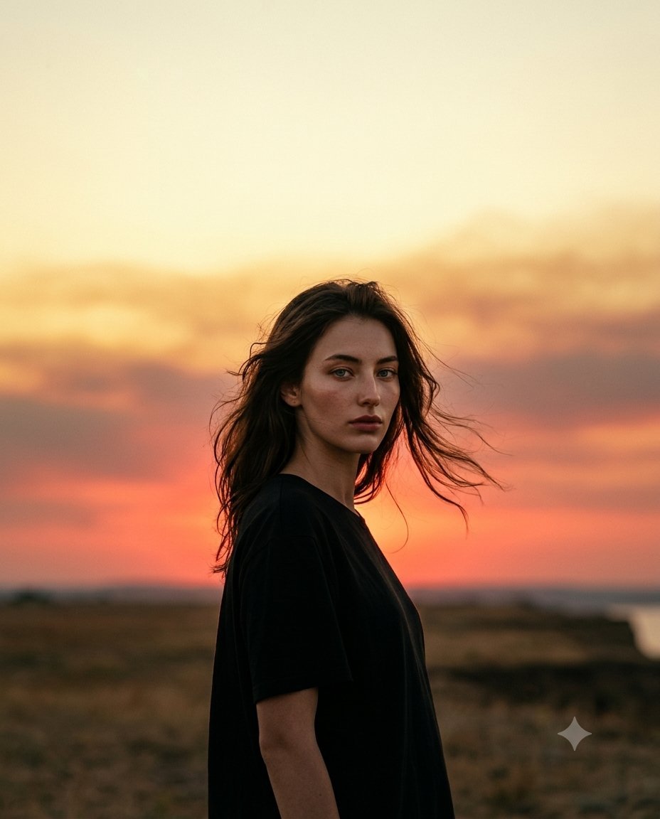 Cinematic Sunset Fashion Portrait — AI image template example