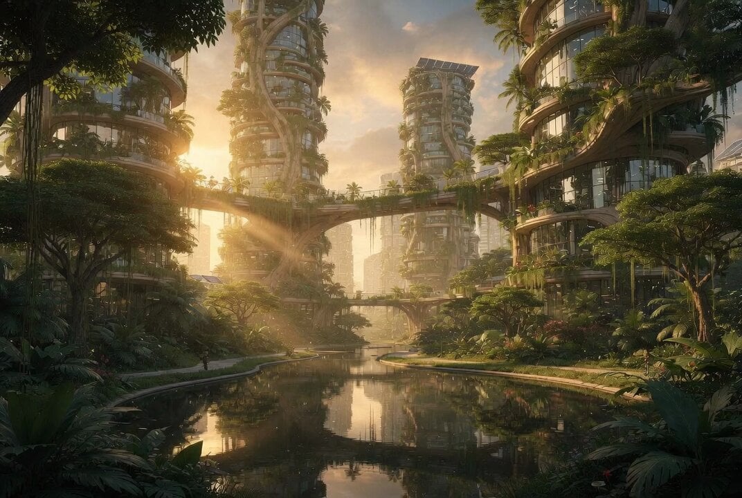Cinematic Solarpunk Biophilic Megacity at Golden Hour