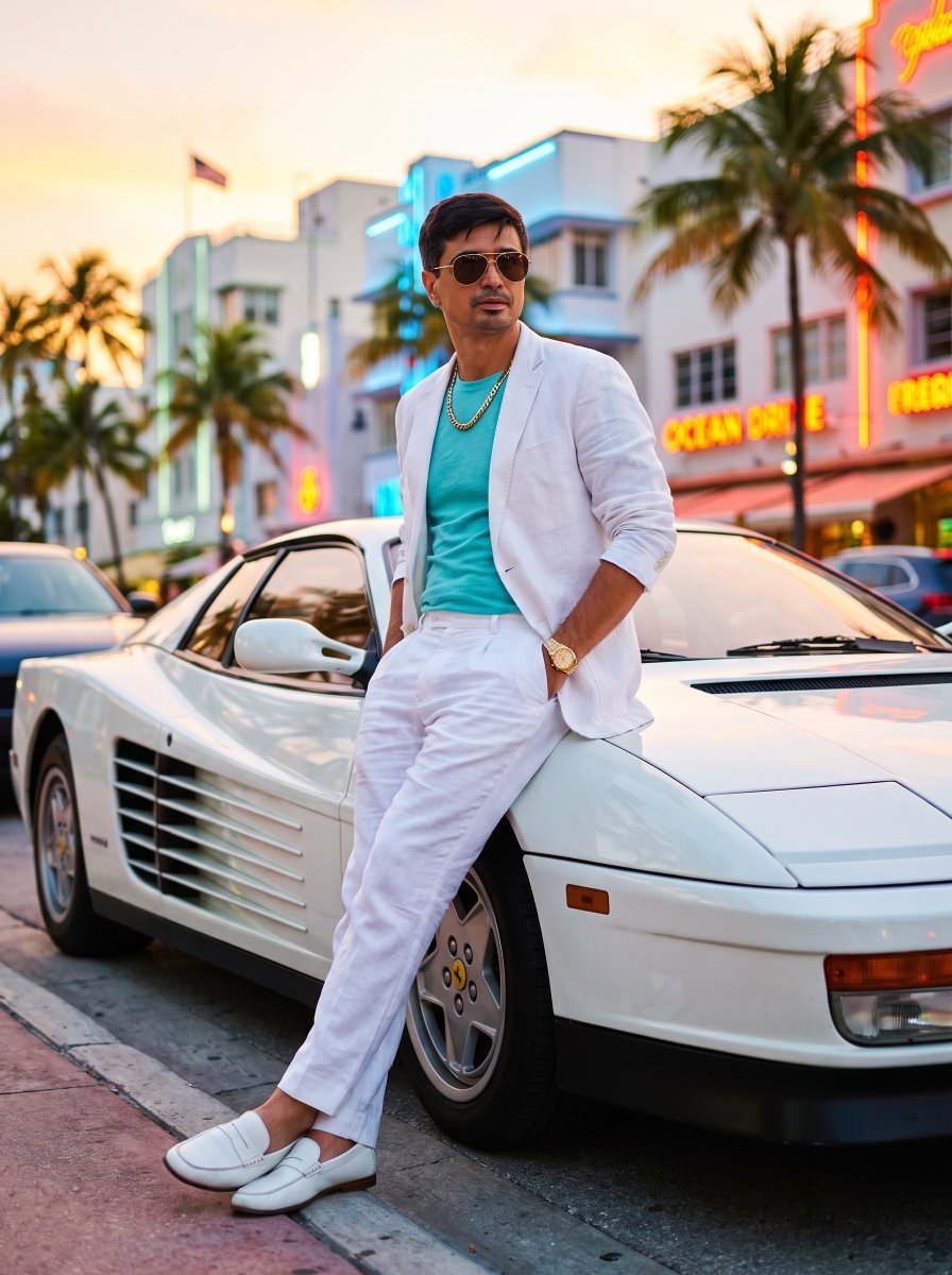 80s Retro Miami Ferrari Portrait — AI image template example