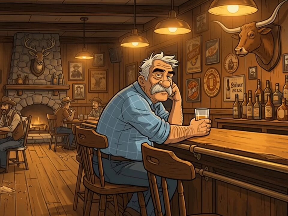 Man at a Bar with Moon Landing on TV