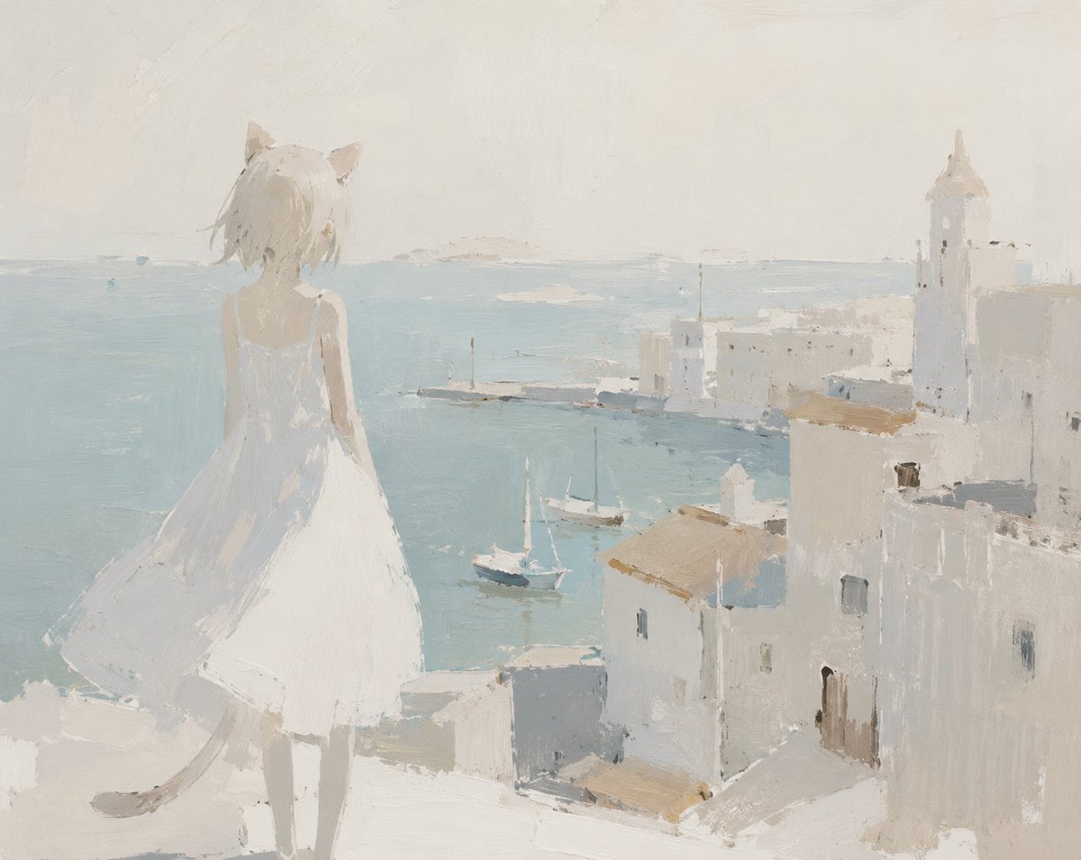 Minimalist Cat Girl Seaside Painting — AI image template example