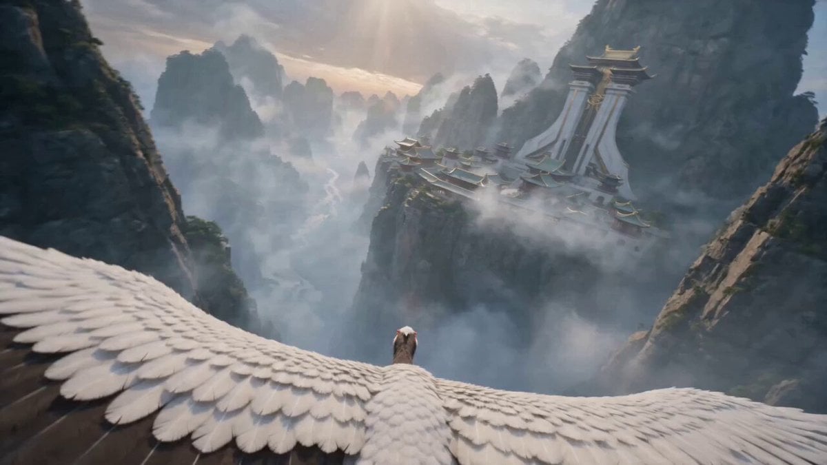 First-Person POV White Crane Flight