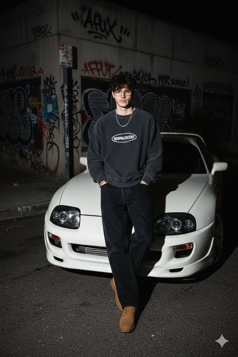 AI-generated sample for “90s Streetwear Car Portrait”