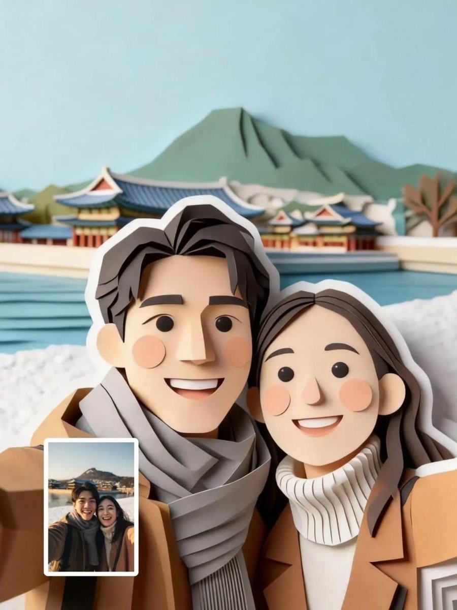 AI-generated sample for “Cute Paper-Cut Style Couple Selfie Illustration”