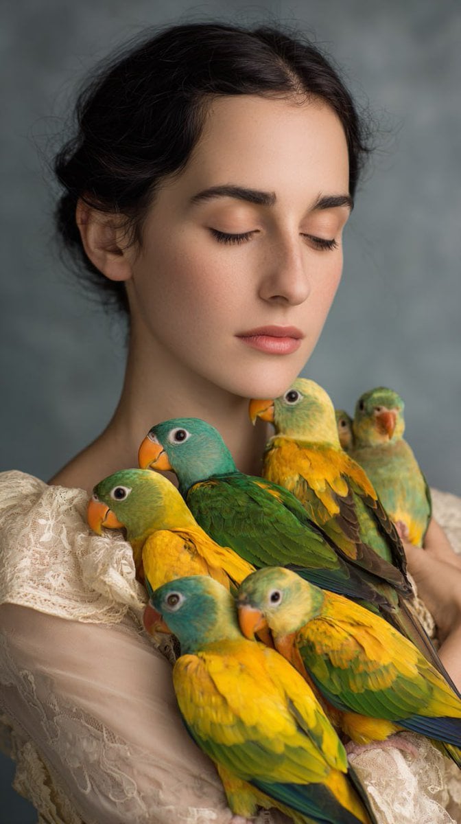Woman with Teal and Yellow Parrots — AI image template example
