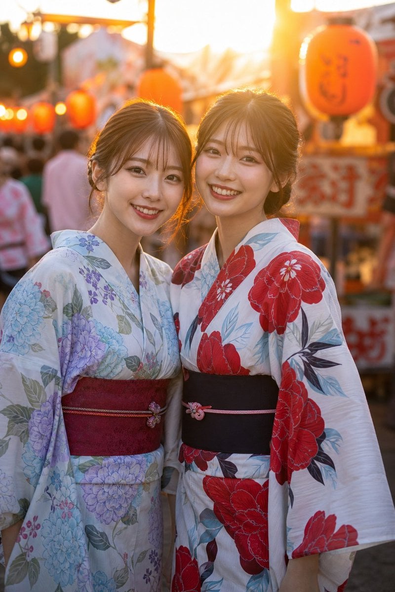Two Friends in Yukata at Summer Festival