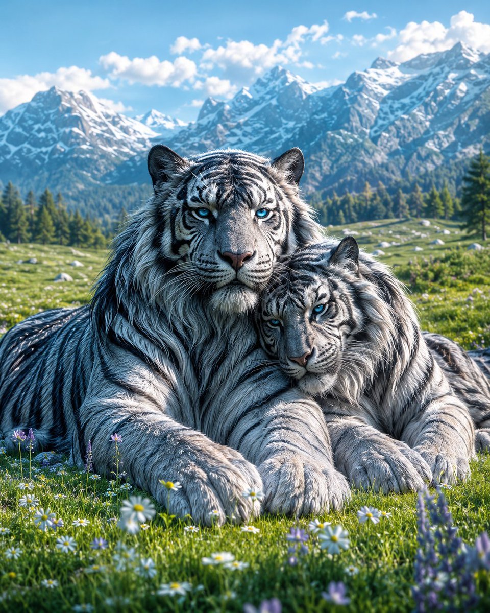 Mated Snow Tigers in Alpine Meadow — AI image template example