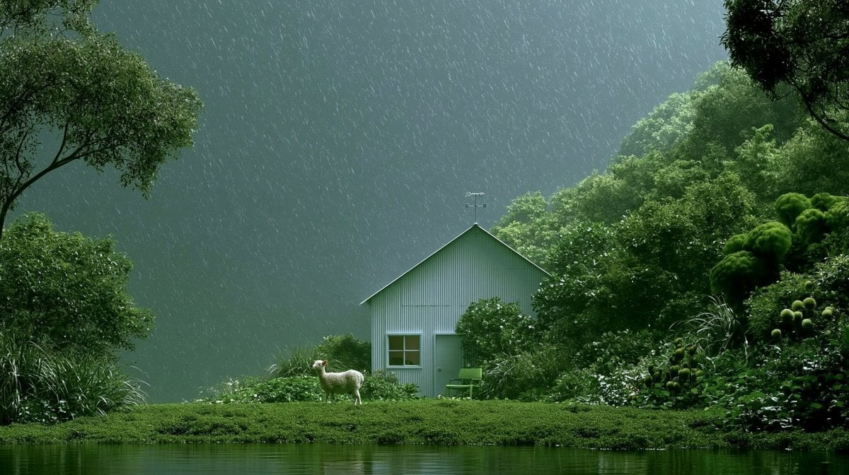 Rainy Cottage Garden With Sheep