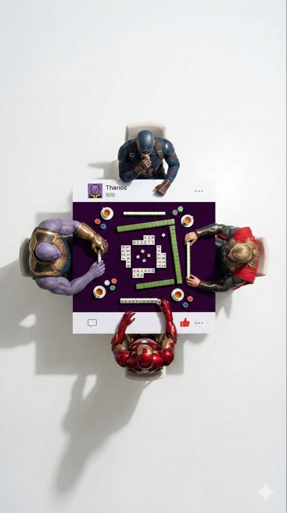 Overhead Superhero Mahjong Scene Prompt (WeChat Moments Style)