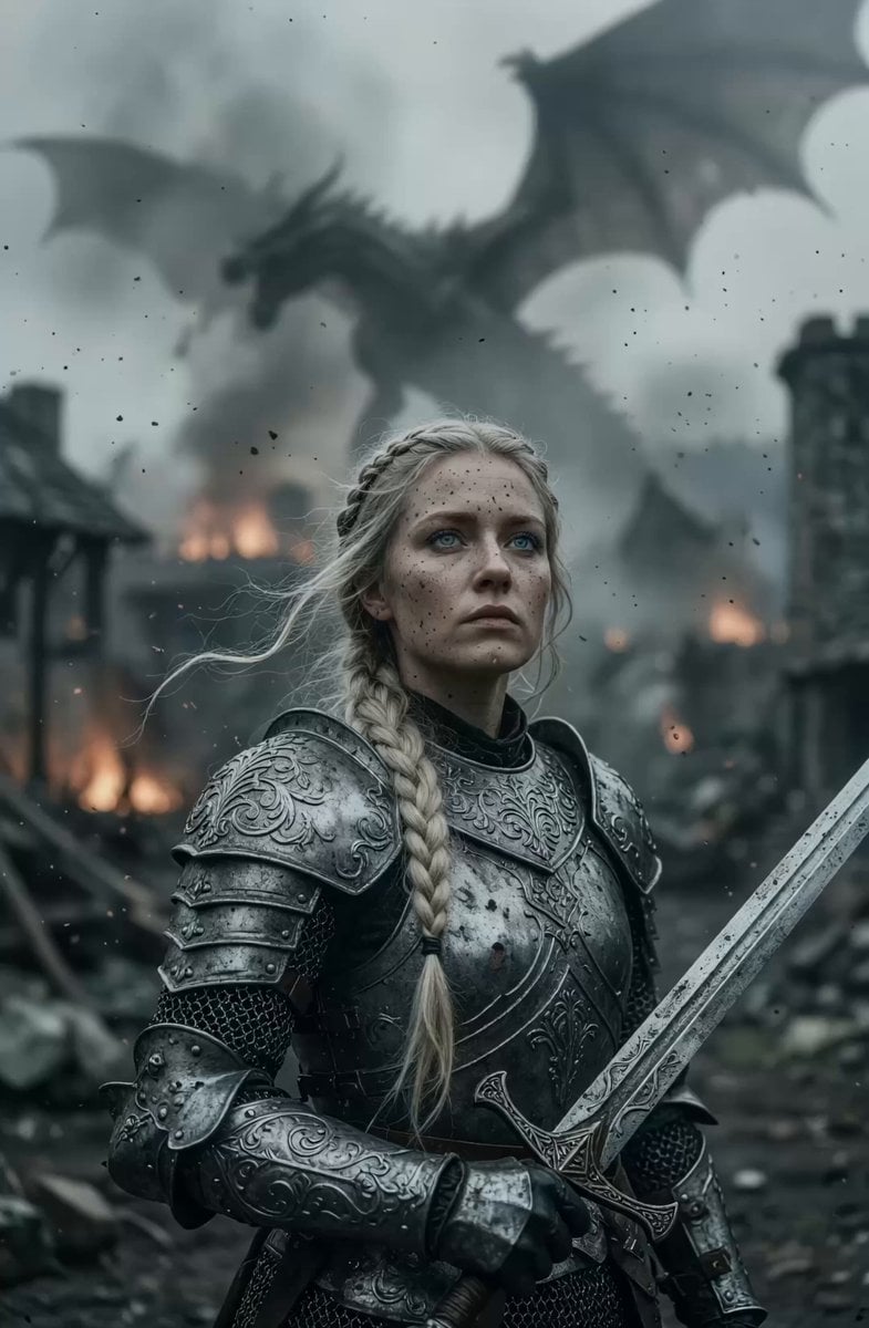 Cinematic Warrior Woman in Burning Village