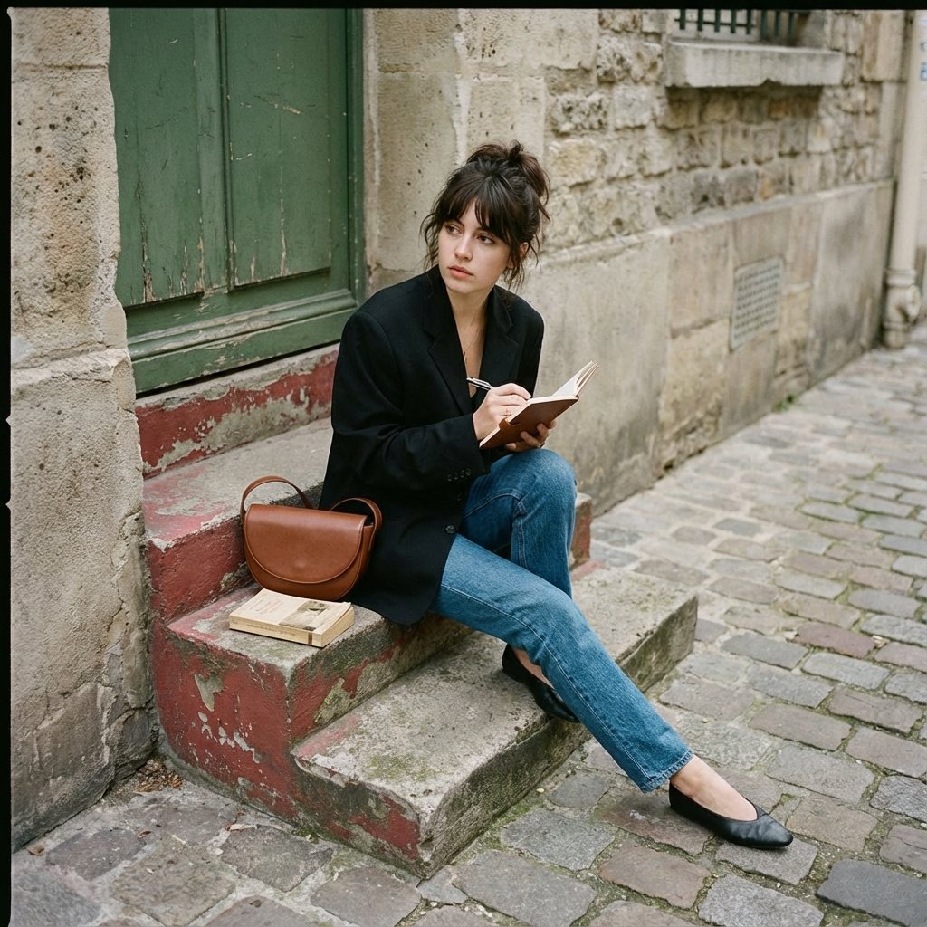 Seated casually on worn stone stairs, legs crossed slightly, holding