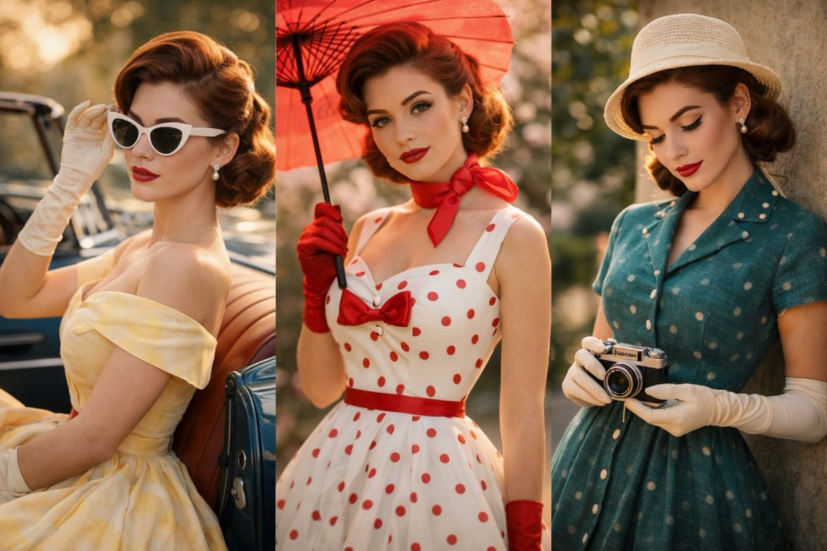 A cinematic vintage fashion portrait of a graceful young woman — AI image template example