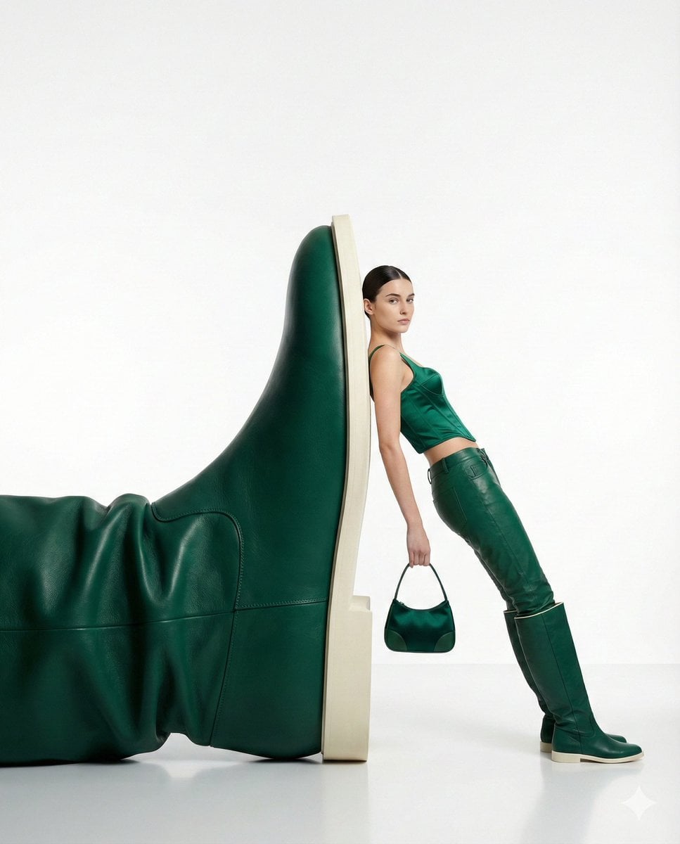 A confident woman leaning casually against an oversized green leather