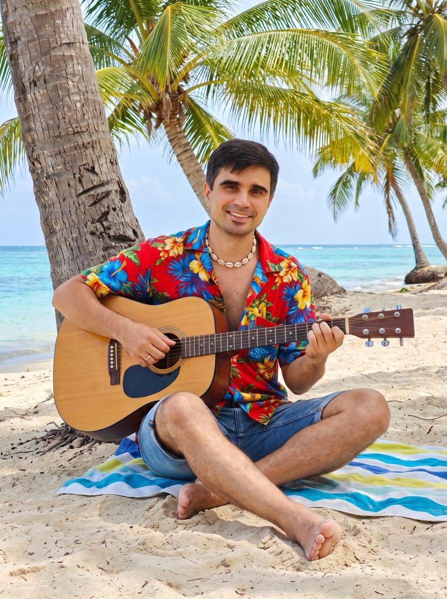 Summer Beach Guitarist Portrait — AI image template example